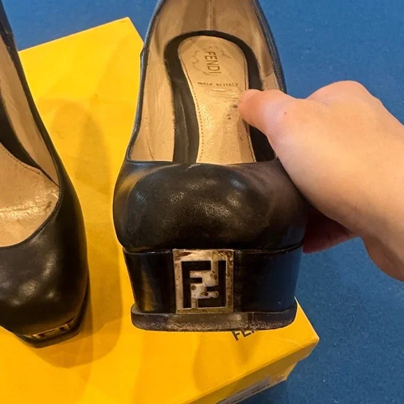 Fendi Black Leather Platform Pumps with Gold Logo Accent - Picture 3 of 8